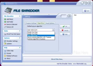 Configuración de File Shredder con los métodos de borrado elegibles
